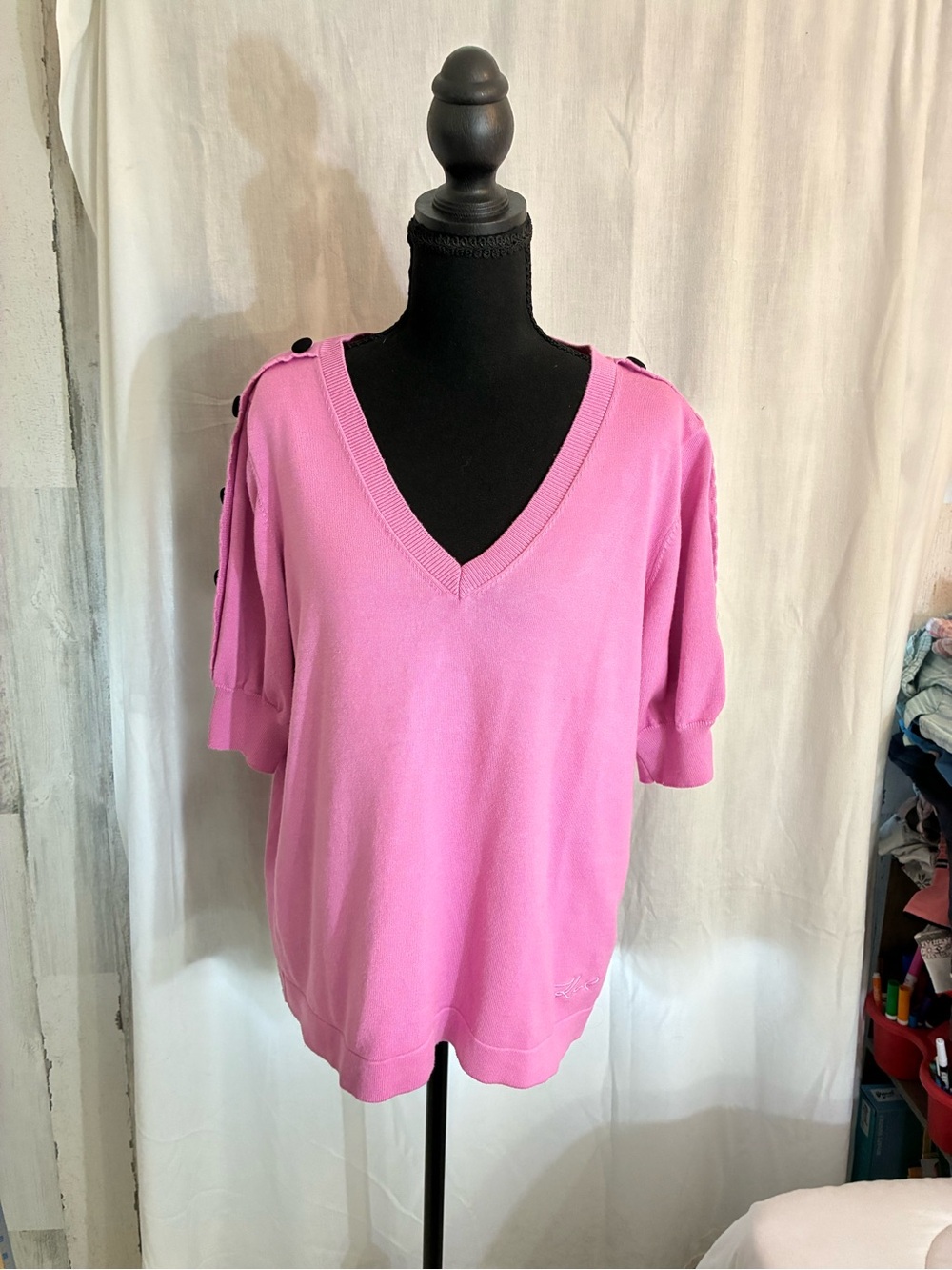 Karl Lagerfeld Pink V-Neck Button-Shoulder Knit Top